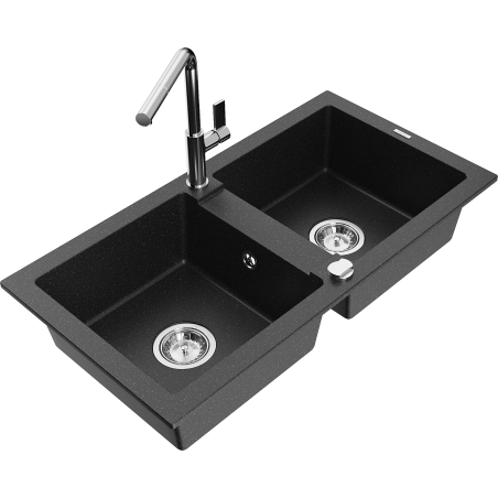 Mexen Mario granite kitchen sink 2-bowl with Flora kitchen tap, black/silver metallic - 6504-73-670401-00