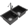 Mexen Mario granite kitchen sink 2-bowl with Flora kitchen tap, black/silver metallic - 6504-73-670401-00