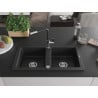 Mexen Mario granite sink 2-bowl with Flora kitchen tap, black/silver metallic - 6504-73-670401-07