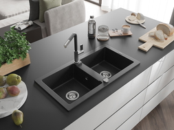 Mexen Mario granite sink 2-bowl with Flora kitchen tap, black/silver metallic - 6504-73-670401-07