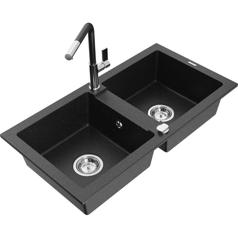 Mexen Mario fregadero de granito de 2 compartimentos con grifo de cocina Flora, negro/metálico plateado - 6504-73-670401-07