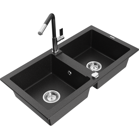 Mexen Mario granite sink 2-bowl with Flora kitchen tap, black/silver metallic - 6504-73-670401-07
