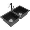 Mexen Mario granite sink 2-bowl with Flora kitchen tap, black/silver metallic - 6504-73-670401-07
