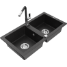 Mexen Mario lava-louça de granito de 2 cubas com torneira de cozinha Flora, preto/metálico prateado - 6504-73-670401-07