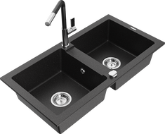 Mexen Mario granite sink 2-compartment with Flora kitchen faucet, black/silver metallic - 6504-73-670401-07