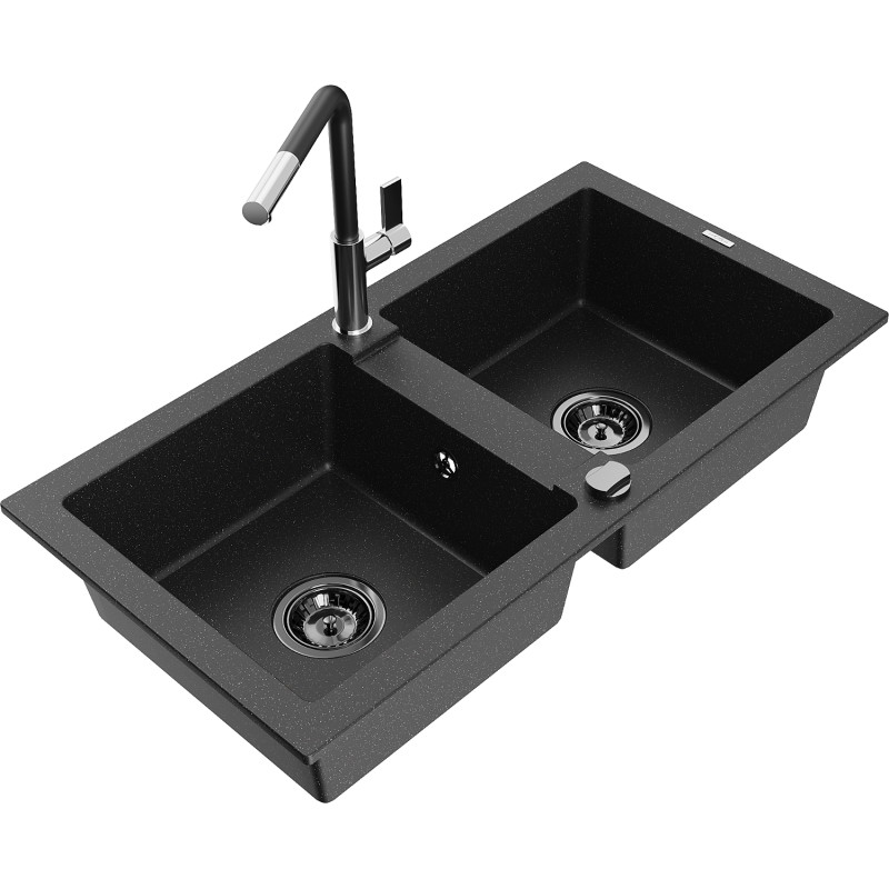 Mexen Mario fregadero de cocina de granito de 2 senos con grifo de cocina Flora, negro/plateado metálico - 6504-73-670401-07-B