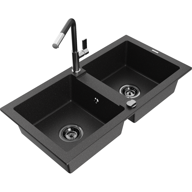 Mexen Mario Granitspüle 2-Komponenten mit Küchenarmatur Flora, schwarz/silber Metallic - 6504-73-670401-07-B