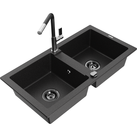 Mexen Mario granitspüle 2-Kammer mit Küchenarmatur Flora, schwarz/silber metallic - 6504-73-670401-07-B