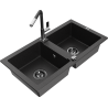 Mexen Mario granite sink 2-bowl with Flora kitchen tap, black/silver metallic - 6504-73-670401-07-B