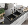 Mexen Mario granite sink 2-bowl with Flora kitchen tap, black/silver metallic - 6504-73-670401-57-G