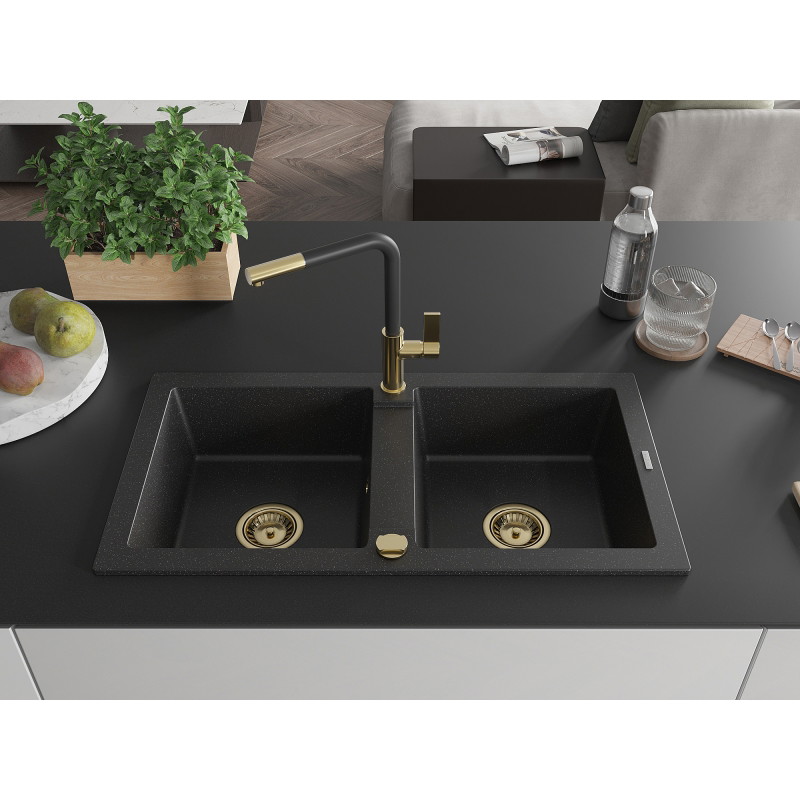 Mexen Mario granieten gootsteen met 2 kamers en Flora keukenkraan, zwart/zilver metallic - 6504-73-670401-57-G