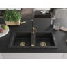 Mexen Mario granite sink 2-bowl with Flora kitchen tap, black/silver metallic - 6504-73-670401-57-G