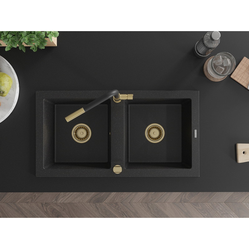 Mexen Mario fregadero de granito de 2 compartimentos con grifo de cocina Flora, negro/plata metálica - 6504-73-670401-57-G