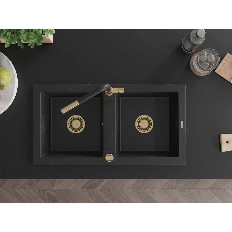 Mexen Mario Granitspüle 2-Kammer mit Küchenarmatur Flora, schwarz/silber metallic - 6504-73-670401-57-G