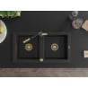 Mexen Mario granite sink 2-bowl with Flora kitchen tap, black/silver metallic - 6504-73-670401-57-G