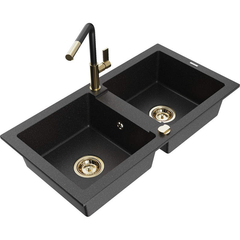 Mexen Mario granieten gootsteen met 2 kamers en Flora keukenkraan, zwart/zilver metallic - 6504-73-670401-57-G