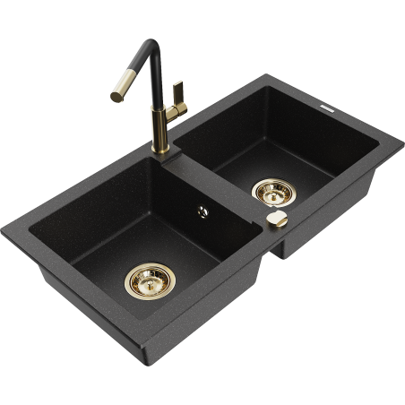 Mexen Mario fregadero de granito de 2 compartimentos con grifo de cocina Flora, negro/metálico plateado - 6504-73-670401-57-G