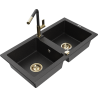 Mexen Mario granite sink 2-bowl with Flora kitchen tap, black/silver metallic - 6504-73-670401-57-G