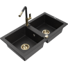 Mexen Mario granitenspoelbak met 2 kamers en Flora keukenkraan, zwart/zilver metallic - 6504-73-670401-57-G