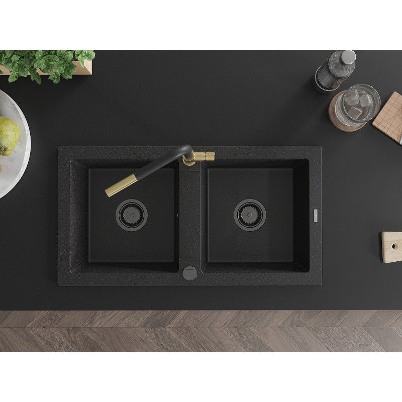 Mexen Mario Granite 2-Bowl Kitchen Sink with Flora Tap, Black/Silver Metallic - 6504-73-670401-57-B