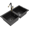 Mexen Mario Granite 2-Bowl Kitchen Sink with Flora Tap, Black/Silver Metallic - 6504-73-670401-57-B
