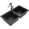 Mexen Mario Granitspüle 2-Kammer mit Küchenarmatur Flora, schwarz/silber metallic - 6504-73-670401-57-B