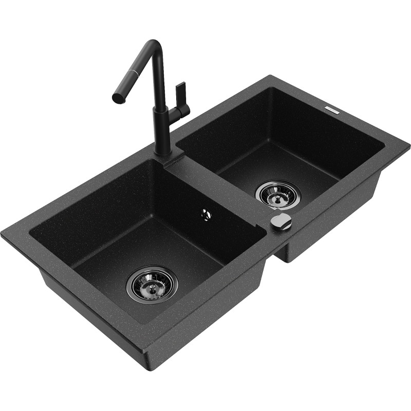 Mexen Mario fregadero de granito de 2 cubetas con grifo de cocina Flora, negro/metálico plateado - 6504-73-670401-70-B