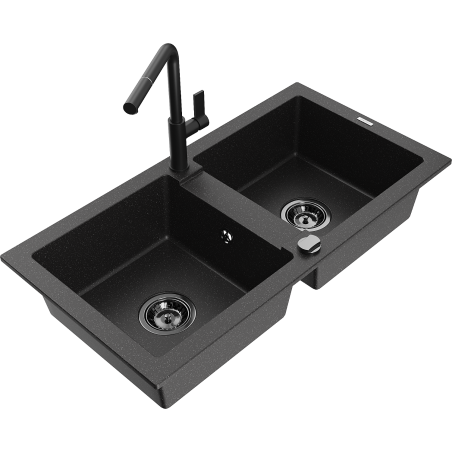 Mexen Mario Granitspüle, 2-beckig mit Küchenarmatur Flora, schwarz/silber metallic - 6504-73-670401-70-B