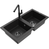 Mexen Mario Granitspüle, 2-beckig mit Küchenarmatur Flora, schwarz/silber metallic - 6504-73-670401-70-B