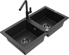 Mexen Mario granite sink 2-chamber with Flora kitchen tap, black/silver metallic - 6504-73-670401-70-B