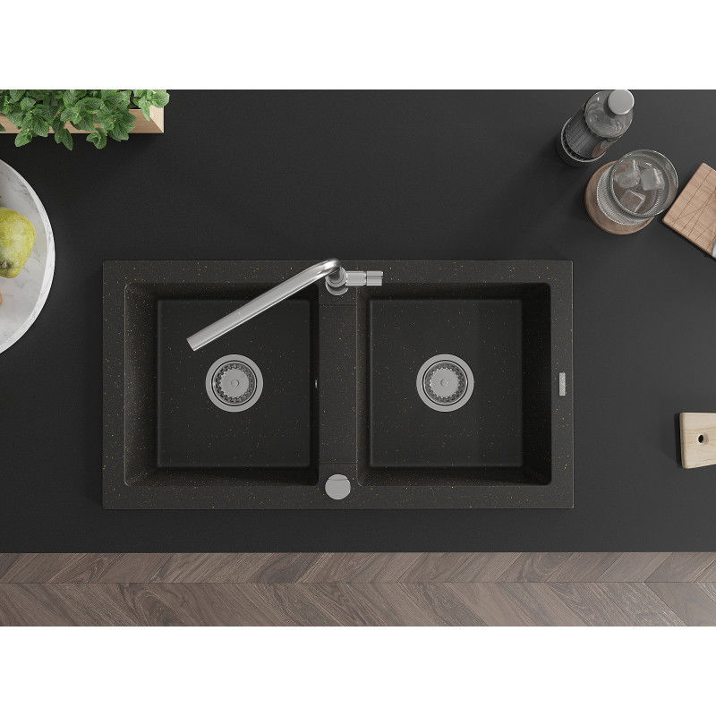 Mexen Mario Granitspüle 2-Kammer mit Küchenarmatur Flora, Schwarz/Gold Metallic - 6504-75-670401-00