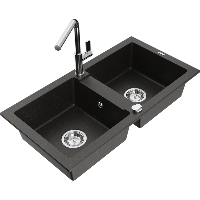 Mexen Mario graniittinen 2-allasinen keittiöpesuallas ja Flora-keittiöhana, musta/kultametalli - 6504-75-670401-00