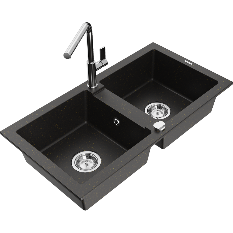 Mexen Mario granitin Spullsteen mat 2-Chamber mat Kichebatterie Flora, schwaarz/goldena metallesch - 6504-75-670401-00