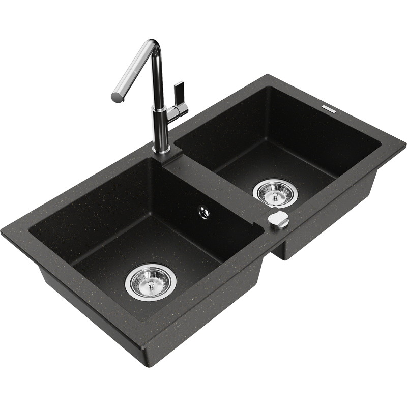 Mexen Mario granitische gootsteen met 2 kamers en keukenmengkraan Flora, zwart/goud metallic - 6504-75-670401-00