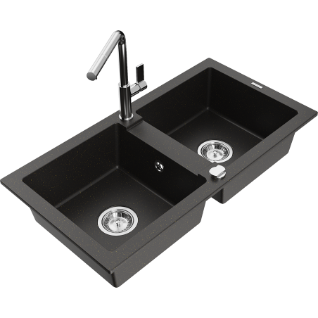 Mexen Mario 2-bowl granite sink with Flora kitchen tap, black/gold metallic - 6504-75-670401-00