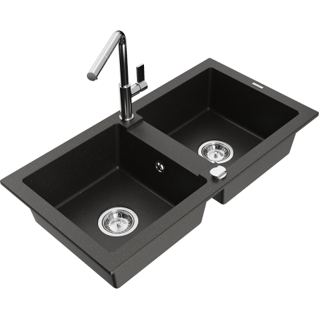 Mexen Mario lava-loiça de granito de 2 cubas com torneira de cozinha Flora, preto/dourado metálico - 6504-75-670401-00