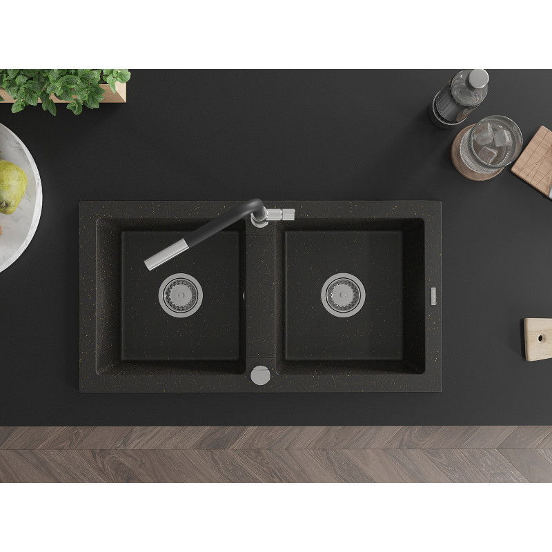 Mexen Mario granitdiskbänk med 2 hoar och köksblandare Flora, svart/guld metallic - 6504-75-670401-07