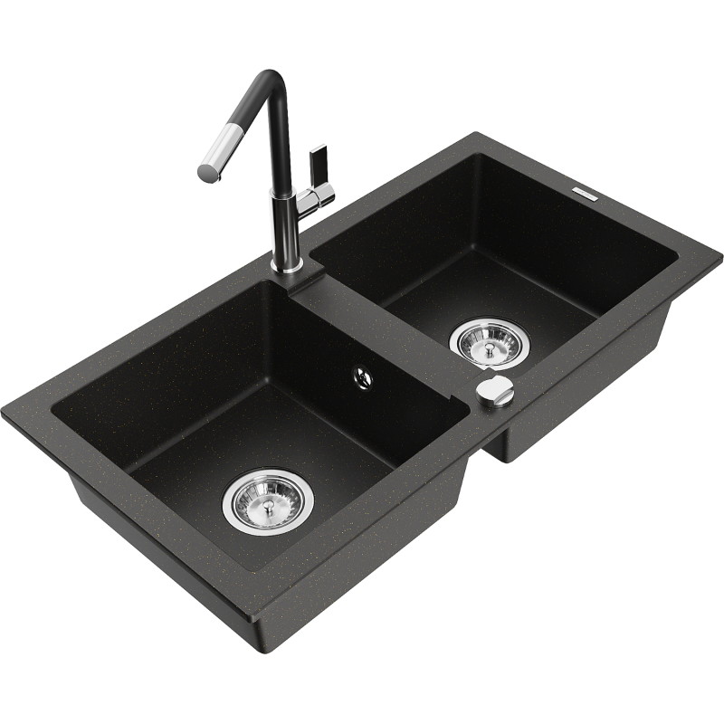Mexen Mario fregadero de granito 2 senos con grifo de cocina Flora, negro/metálico dorado - 6504-75-670401-07