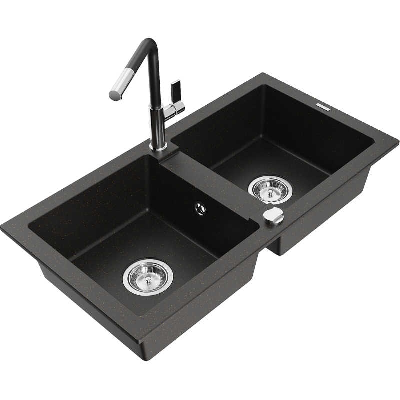 Mexen Mario lava-loiça de granito de 2 cubas com torneira de cozinha Flora, preto/ouro metálico - 6504-75-670401-07
