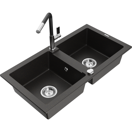 Mexen Mario 2-bowl granite sink with kitchen tap Flora, black/golden metallic - 6504-75-670401-07