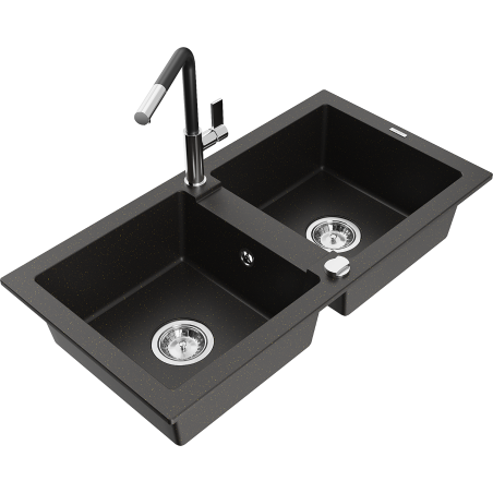 Mexen Mario fregadero de granito 2 senos con grifo de cocina Flora, negro/metálico dorado - 6504-75-670401-07