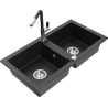 Mexen Mario Granitspüle 2-Becken mit Küchenarmatur Flora, schwarz/gold metallic - 6504-75-670401-07