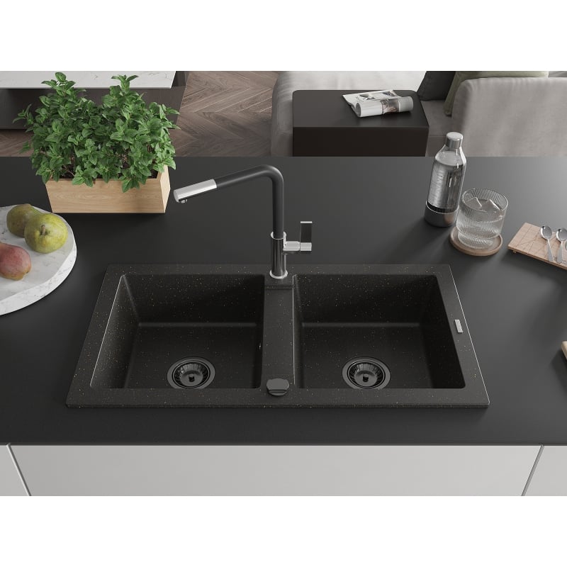 Mexen Mario Granitspüle mit 2 Becken und Küchenarmatur Flora, schwarz/gold metallic - 6504-75-670401-07-B