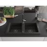 Mexen Mario Granitspüle mit 2 Becken und Küchenarmatur Flora, schwarz/gold metallic - 6504-75-670401-07-B