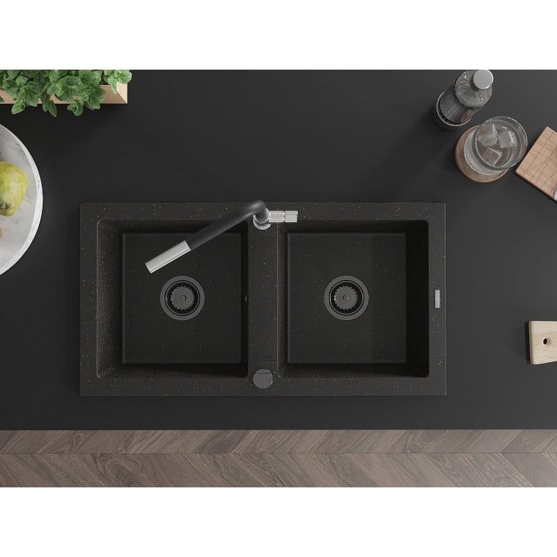 Mexen Mario fregadero de granito de cocina de 2 senos con grifo de cocina Flora, negro/oro metálico - 6504-75-670401-07-B