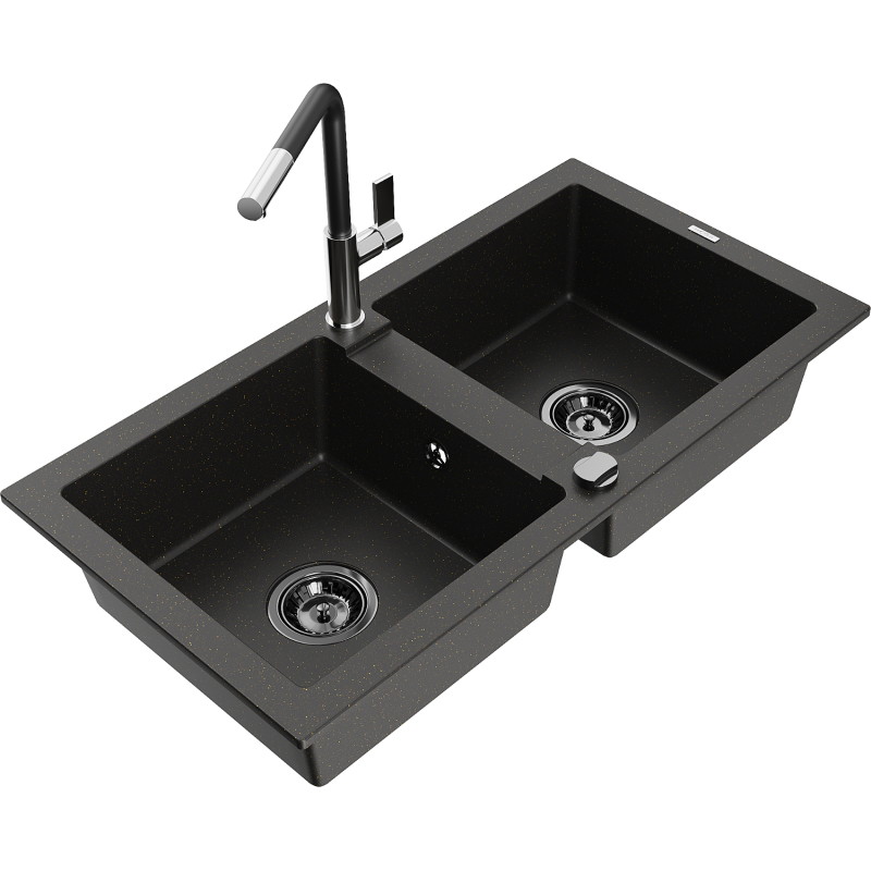 Mexen Mario fregadero de cocina de granito de 2 compartimentos con grifo de cocina Flora, negro/dorado metálico