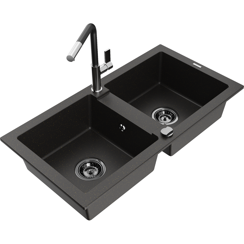 Mexen Mario fregadero de granito de cocina de 2 senos con grifo de cocina Flora, negro/oro metálico - 6504-75-670401-07-B