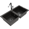 Mexen Mario fregadero de granito de 2 senos con grifo de cocina Flora, negro/oro metálico - 6504-75-670401-07-B