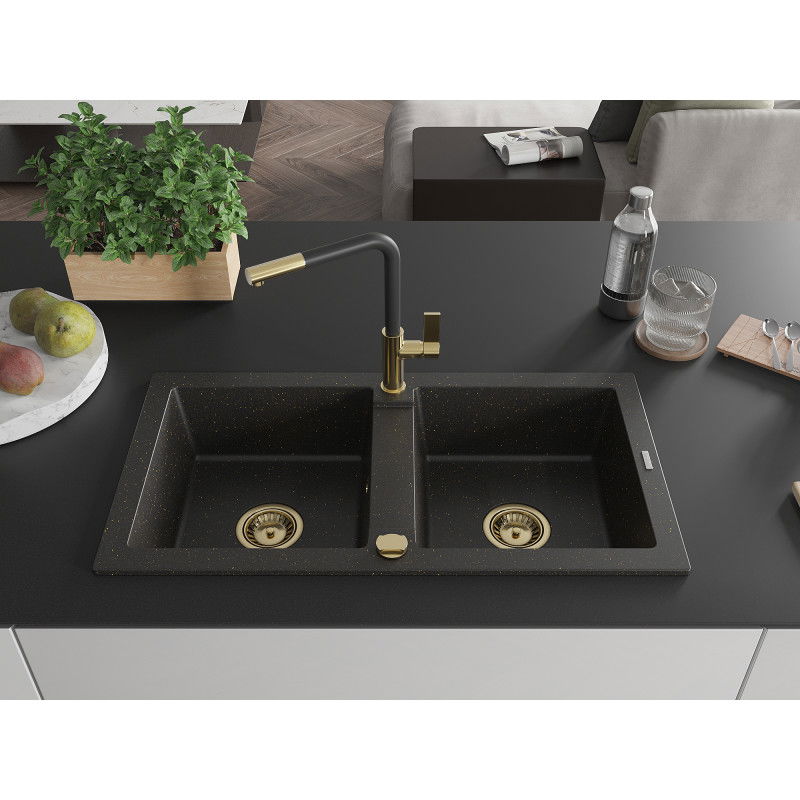 Mexen Mario granite sink 2-bowl with Flora kitchen tap, black/gold metallic - 6504-75-670401-57-G