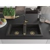 Mexen Mario Granitspüle 2-Kammer mit Küchenarmatur Flora, schwarz/gold metallic - 6504-75-670401-57-G